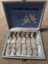 NIB Vintage AZUMA Japan 6 Spoons Blue White Flowers Creative New Life Boxed