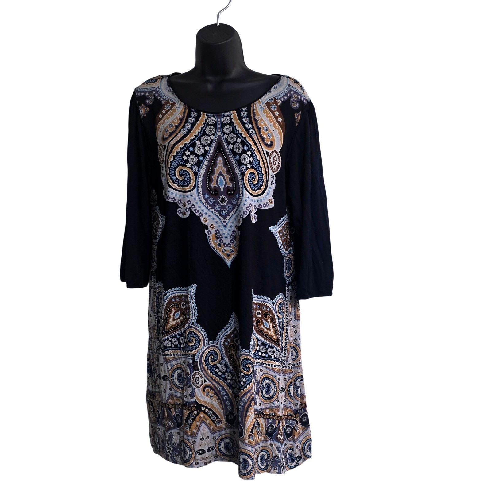 K&C Womens Black Paisley Scoop Neck 3/4 Sleeve Shift Dress Size L C11