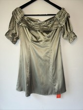 Cider Sage Green Satin Off Shoulder Mini Dress Medium Pleated Ruffle Poetcore