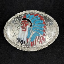 Vintage Silver Belt Buckle Inlaid Turquoise Coral Indian Chief Head Dress SSI