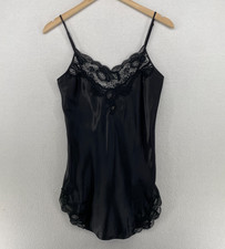 VICTORIAS SECRET Neglige P Gold Label Lace Trim Satin Slip Lingerie Black VTG