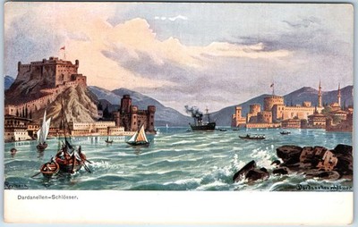 c1910s Canakkale Turkey Dardanelles Postcard Castles Friedrich Perlberg Art Navy