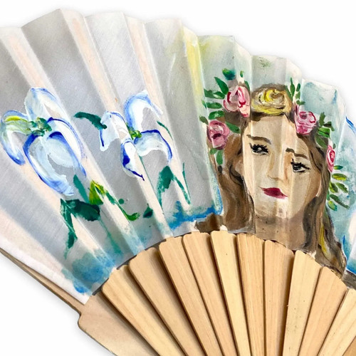 Eventail Artisanale en Bois Avec Tissu Décoré Main, Visage Santa - Photo 2 sur 4