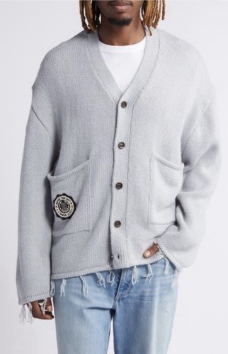 Honor The Gift Heritage Wool Blend Cardigan Stone Grey M Crest Patch Raw Fringe