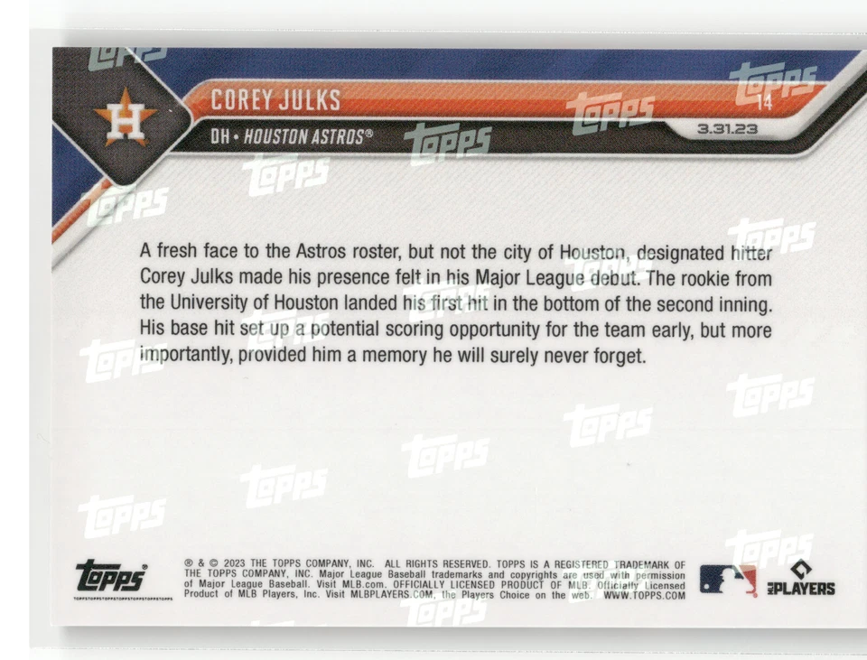 🟦 COREY JULKS Rookie MLB Debut 2023 Topps Now #14 BLUE 32/49 Parallel RC 📈 - Image 2 of 2
