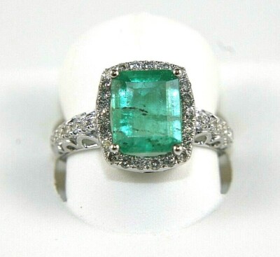 Natural Square Emerald Cut & Diamond Solitaire Ring 14k White Gold 2.33Ct
