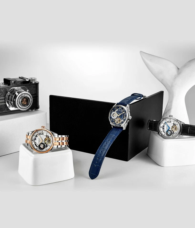 Reloj pulsera Stuhrling para hombre con caja rosa esqueleto esfera plateada rosa y plata Foto 2 de 2