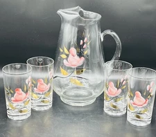 Bartlett Collins Pink Rose Design Drinking Glasses Set Of 4 With Pitcher.
