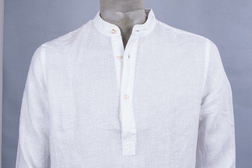 CAMICIA CENSURED IN LINO 100% BIANCA COLLO COREANA M-LUNGA A 4 BOTTINI REGULAR - Foto 6 di 11