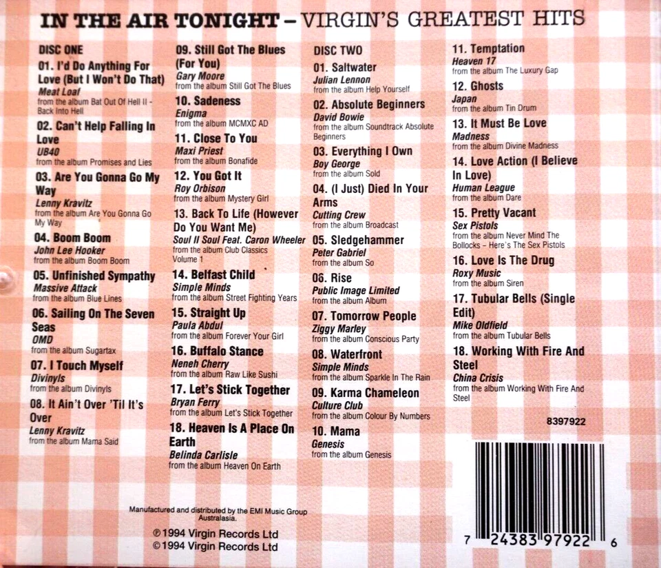 In The Air Tonight - Virgin's Greatest Hits, juego de 2 discos - CD, en muy buena condición Foto 2 de 2