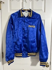 Vintage 1980s Don Alleson Athletic Satin Bomber Jacket Blue Yellow Peoples David