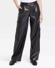 Women's High-Rise Straight Faux Leather Cargo Pants - A New Day Black 10