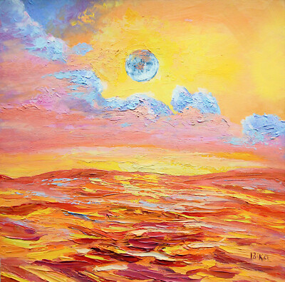 Oil Painting Abstract Sunset Burning Horizon Landscape Red Gold Textured Art