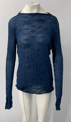 Yves Saint Laurent Silk Cashmere Blend Navy Mesh Rose Print Sweater NWT sz M