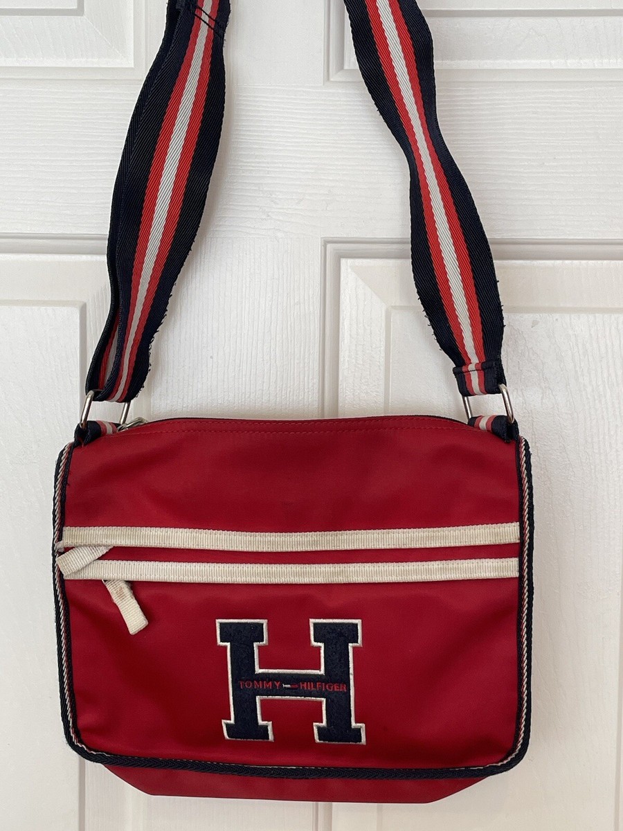 Vintage Tommy Hilfiger Red Nylon Bag Messenger Big H Logo Shoulder 