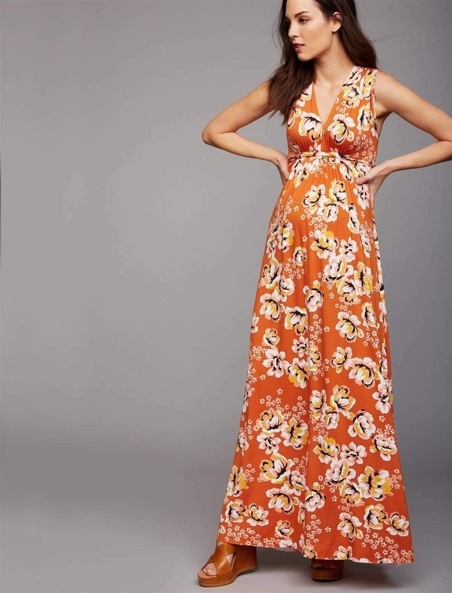 Rachel Pally Empire Waist Maternity Maxi Dress Orange Floral Print Sleeveless