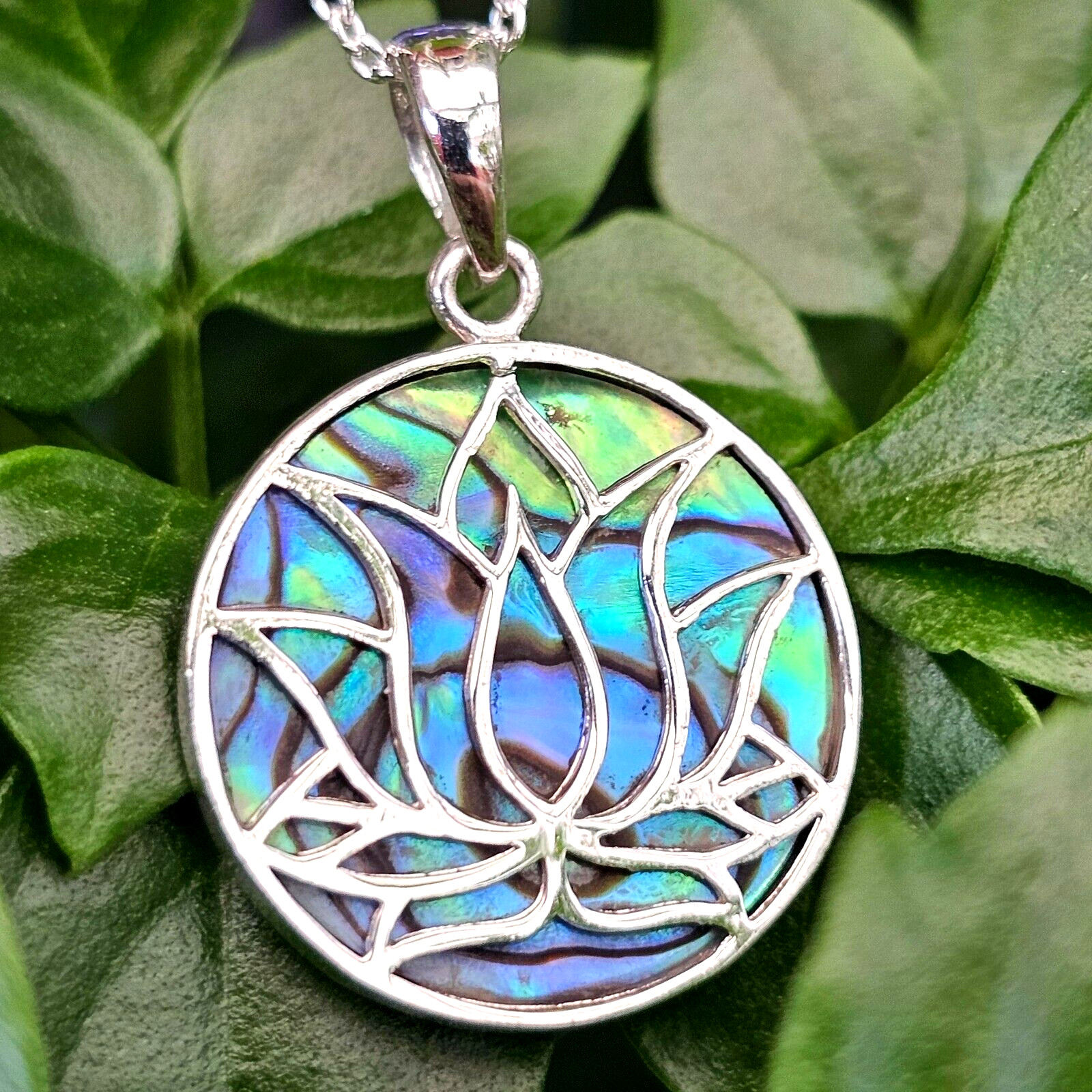 Lotus Flower Pendant Abalone Paua Shell 925 Sterling Silver 18" Necklace & Boxed