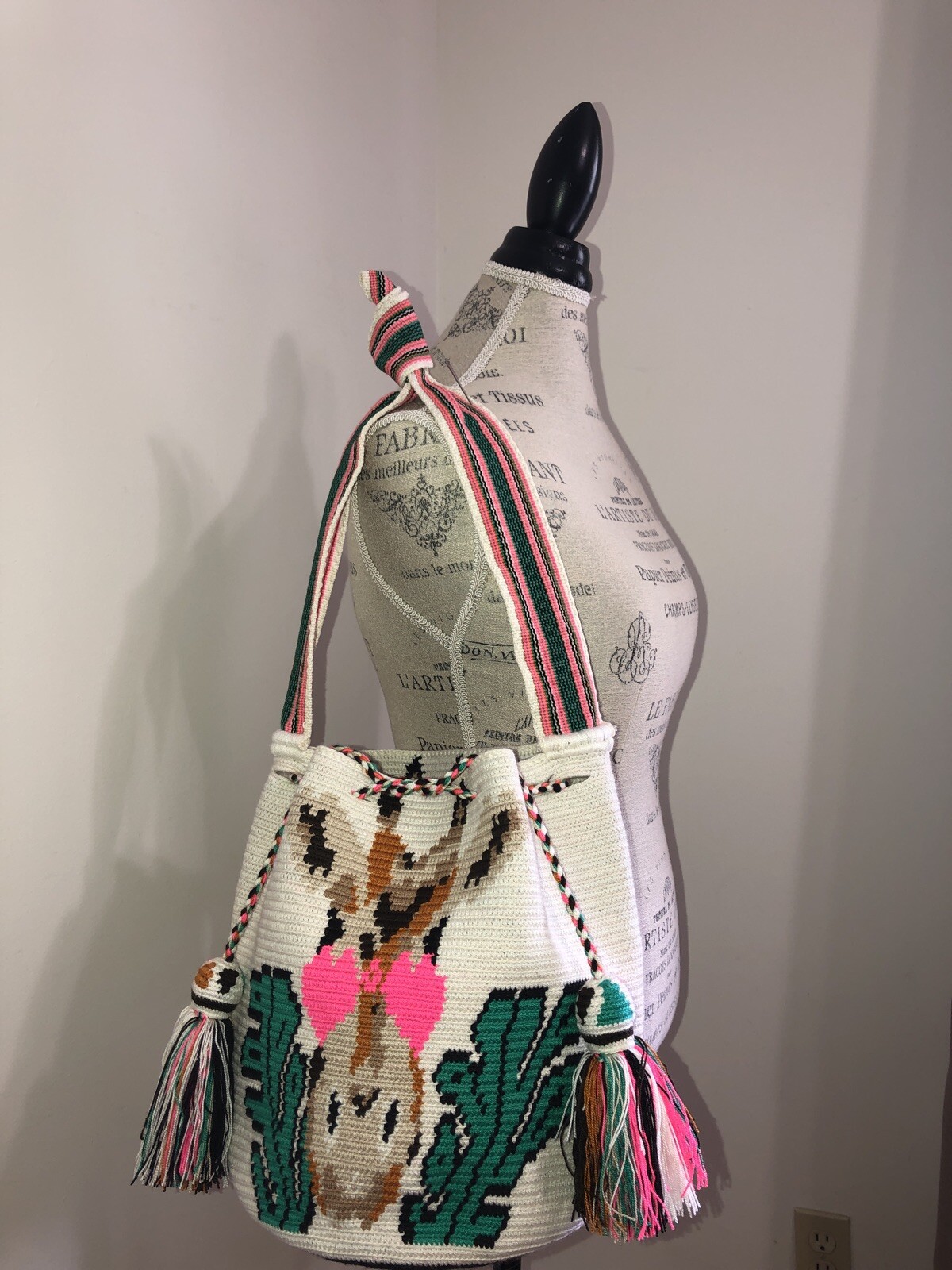 Authentic 100percent Wayuu Mochila Colombian Bag Large Size special Boho Giraffe ivory image 6