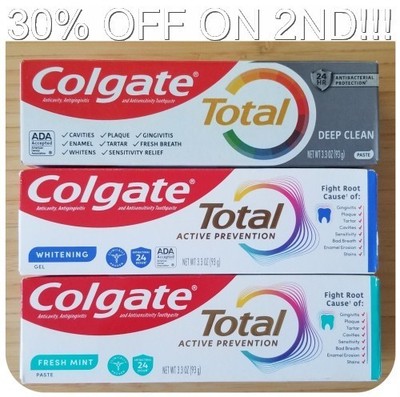 Colgate Total Toothpaste, Deep Clean OR Fresh Mint, 3.3 Oz, Exp 10/2026+