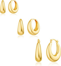 Chunky Gold Hoop Earrings for Women, 3 Pairs 14K Gold Plated/Silver Chunky Hoop