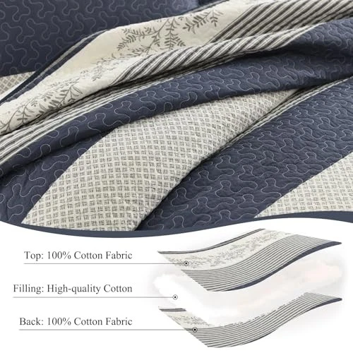 Edredón a Rayas Talla Queen - Azul Marino Blanco Reina (90"x98") Azul Marino/Gris/Blanco roto/Crema Foto 2 de 4