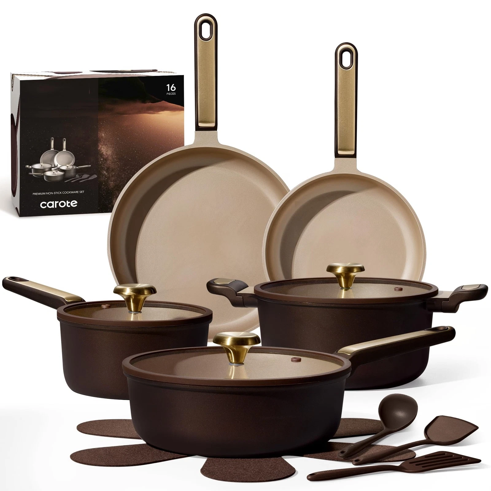 Cookware Set Nonstick 16 Piece Pots Pans Lids Brown CAROTE 16pcs Non-Toxic
Opens in a new window or