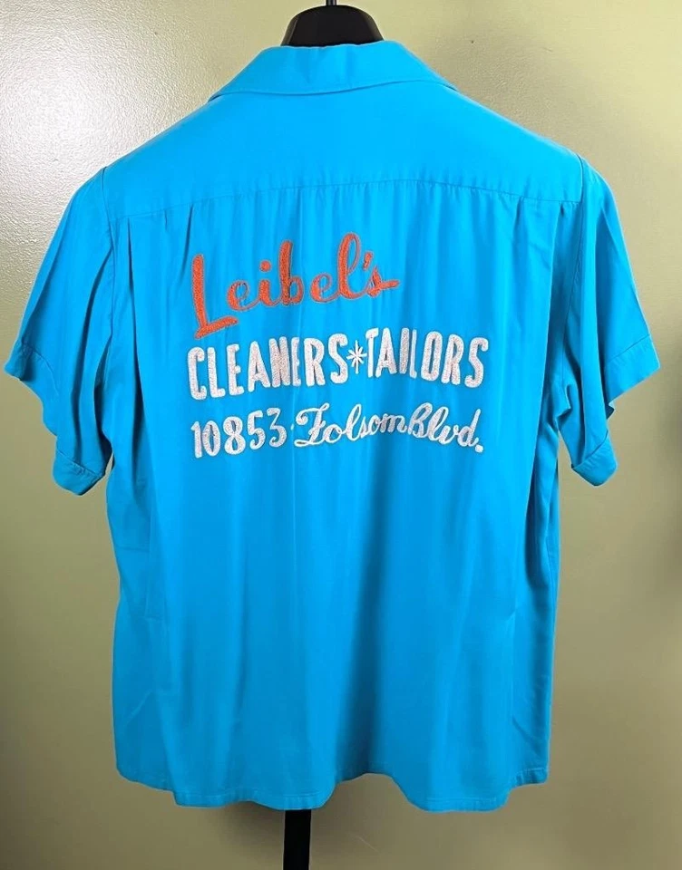 Vtg 300 Series Bowling Shirt sz M 50's Turquoise "Leibels Cleaners" Chainstitch - Image 2 of 4