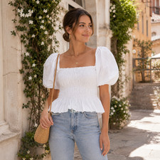ASTR the Label Savina White Smocked Puff Sleeve Top | Small | Peplum