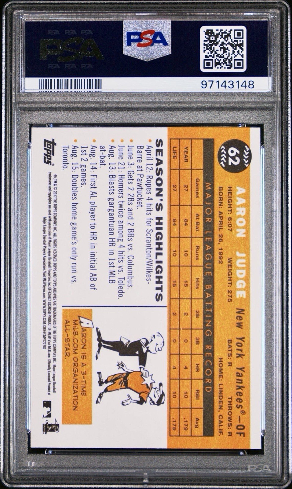 2017 TOPPS ARCHIVES AARON JUDGE #62 RC ROOKIE CARD PSA 10 GEM MINT YANKEES view 2