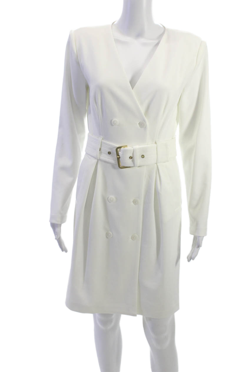 Calvin Klein Women White V-Neck Long Sleeve Jacket Dress Buckle Waist Size 4Free Shipping in US $100+ Orders | $6.95 Orders Below