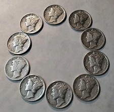 Mercury Dimes 1923-1944 PDS?Lot Of 10 90% Silver ?$1 Face #41