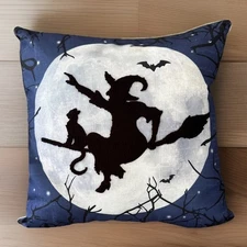 Halloween Throw Pillow FLYING WITCH BLACK CAT On BROOM, MOON Embroidered 16x16