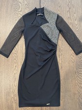 Vichy Black Sheath Dress Mesh Sleeve Animal Print Ruched Cocktail Size S