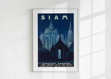 Vintage Siam Travel Poster, Bangkok Temple Art, Printable Wall Art