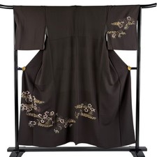 Japanese Silk Kimono M 151.5cm Dark brown Cherry blossom Scattered foil Lined 27