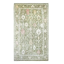7'x11'10" Green Afghan Angora Oushak Leaf Design Hand Knotted Wool Rug 22188