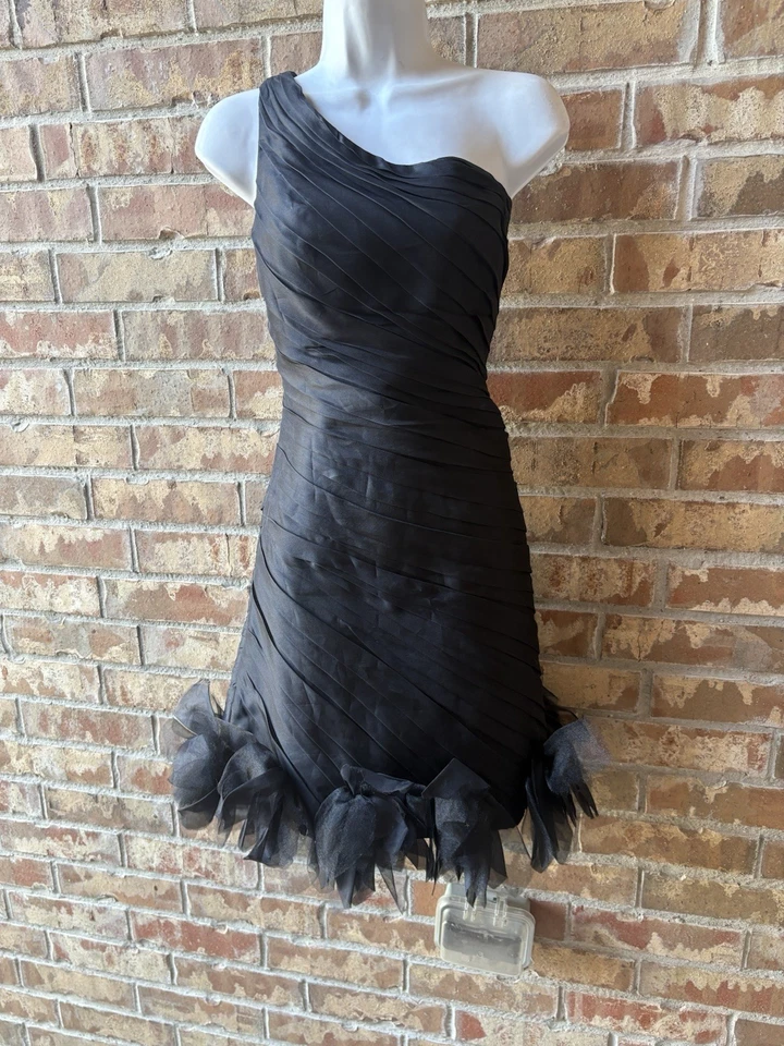 Theia Mini Vestido Un Hombro Acanalado Mezcla Seda con Dobladillo Roseta Talla 8 Foto 3 de 4