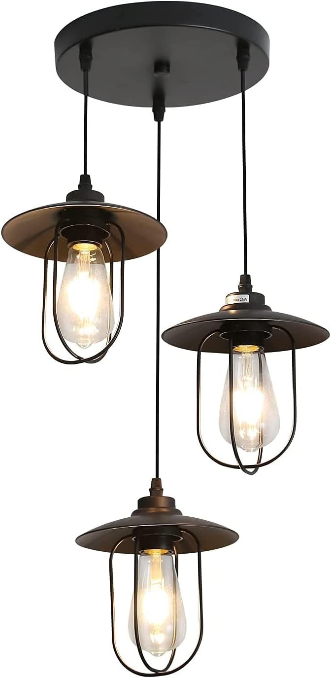 Lampadario Industriale 3 Luci Vintage Metallo Nero Stile Edison E27