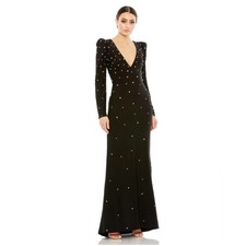 Ieena Mac Duggal Rhinestone Encrusted Long Sleeve V-neck Gown - Black - 4 - NWT