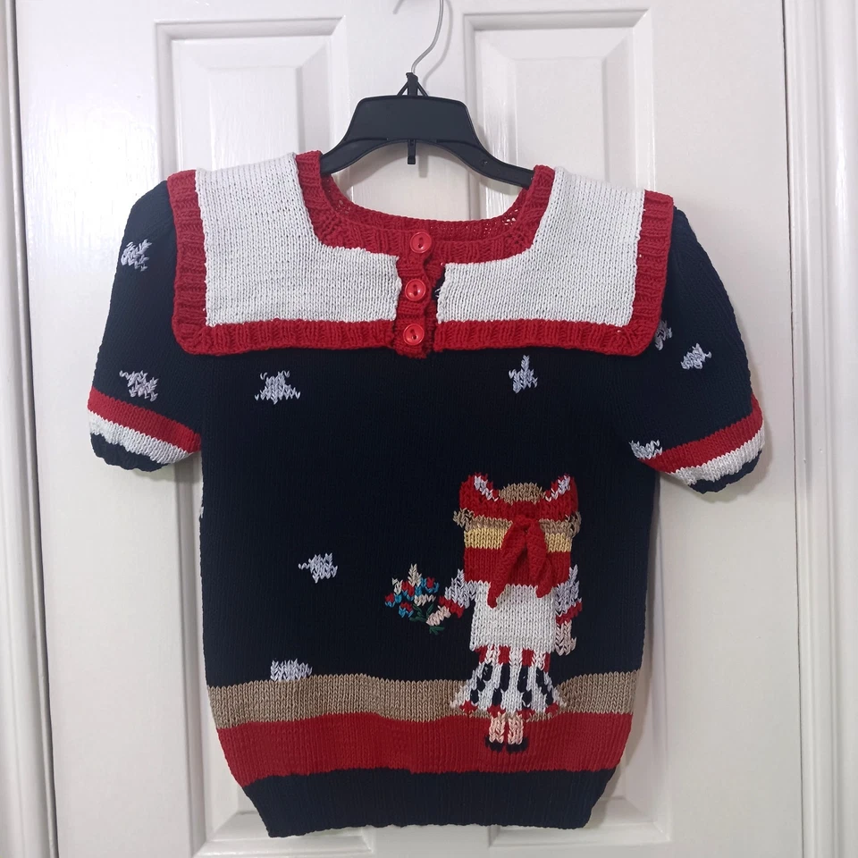 Berek Vintage Hand Knit Graphic Sweater Sailor Collar Red White Blue Girl 12 - Image 3 of 4
