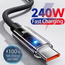 240W Super Fast USB A to Type-C Charging Cable Braid Phone Charger Lead with LED