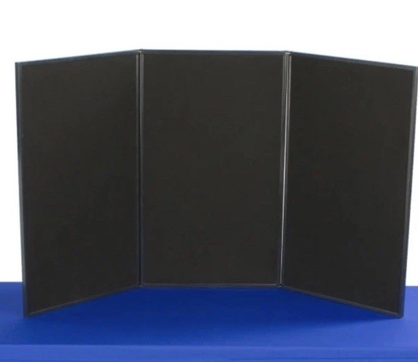 Trade Show Display Three Panel Hook and Loop Board Black with header & case. 