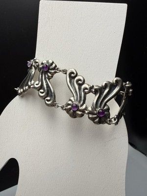 Taxco Sterlingsilber Floral Scroll Amethyst Armband 7'' Vintage 26g 925 vor 1948