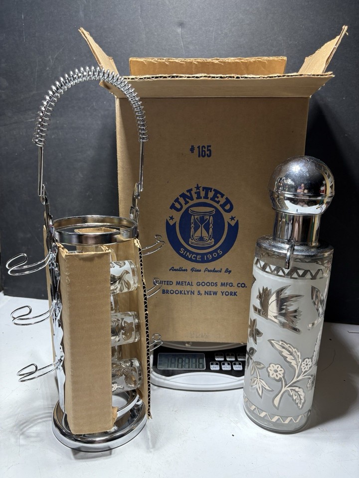 Vintage 8 Shot Glass Caddy Cocktail Shaker Set Silver Floral Barware MCM