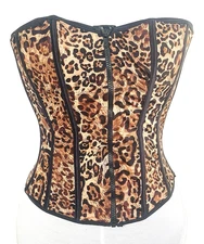 Sexy Stretch Lace Up Back Zip Front Leopard Cheetah Print Corset Top/ Lingerie