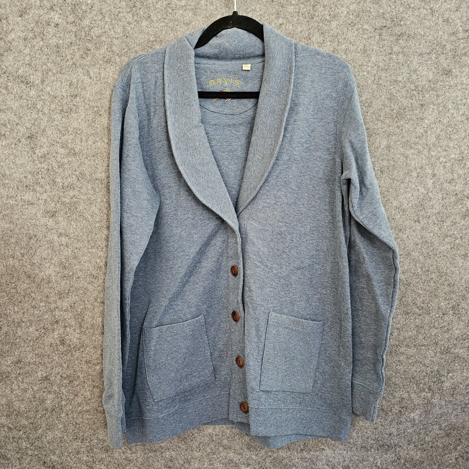 Orvis Cardigan Mens Size M Blue 100 Cotton Knitted Sweater Shawl