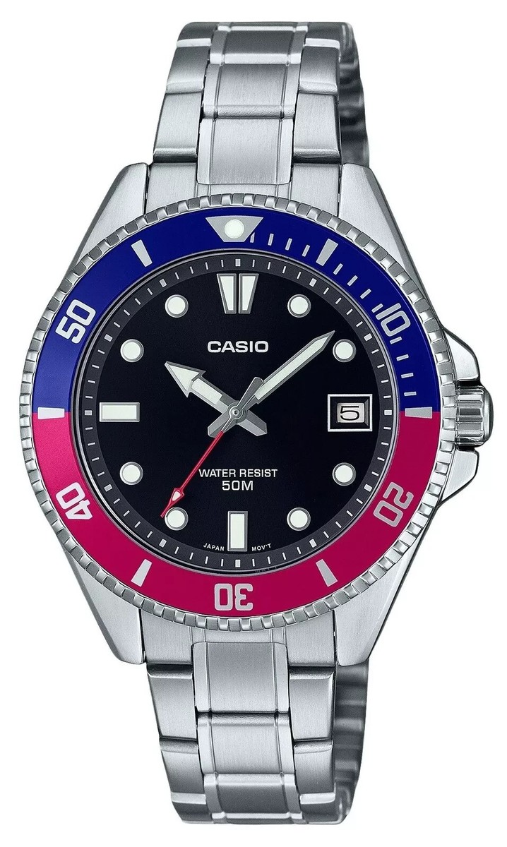 Casio MDV10D-1A3 Men's Watch | Analog Pepsi Bezel | Stainless