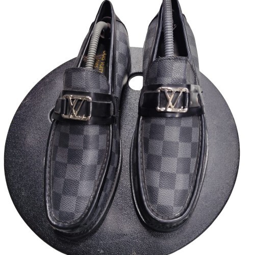 Louis Vuitton Black Gray Leather Moccasins LV Logo Size 41 EU Made In FRANCE