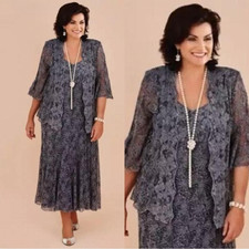Elegant Gray Mother Of Bride Dresses Suits Jackets Lace Tea Length Guest Dress