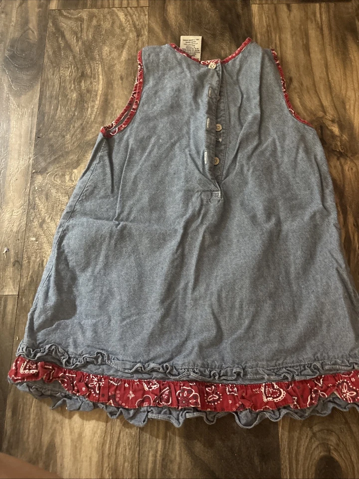 Vestido para niños Faded Glory Jean talla 4t denim rojo ribete con flores y mariposa Foto 3 de 3